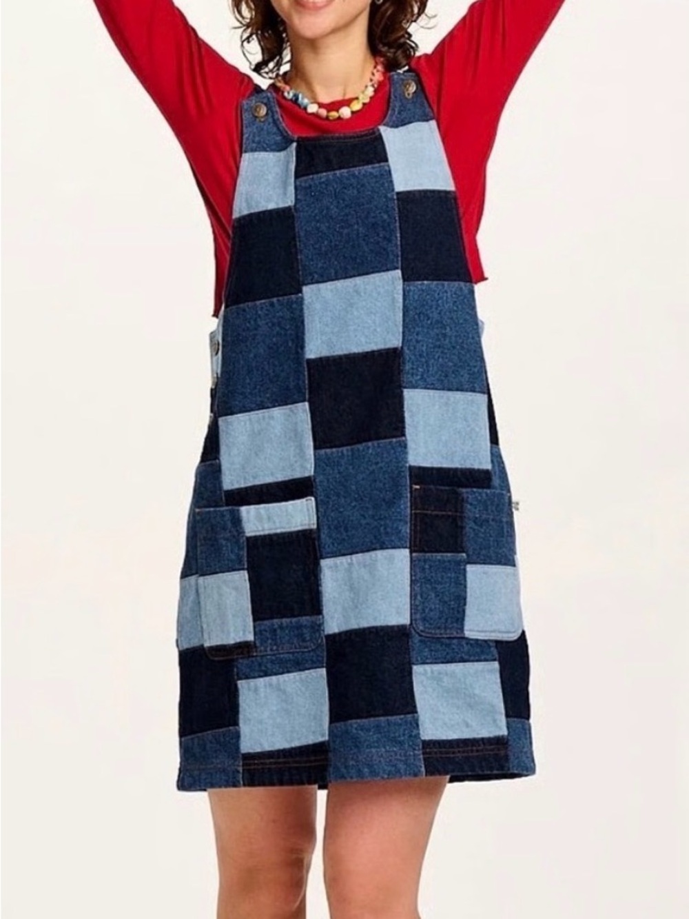 Lucy & Yak Patchwork Denim Pinafore Dress in Light & Dark Blue